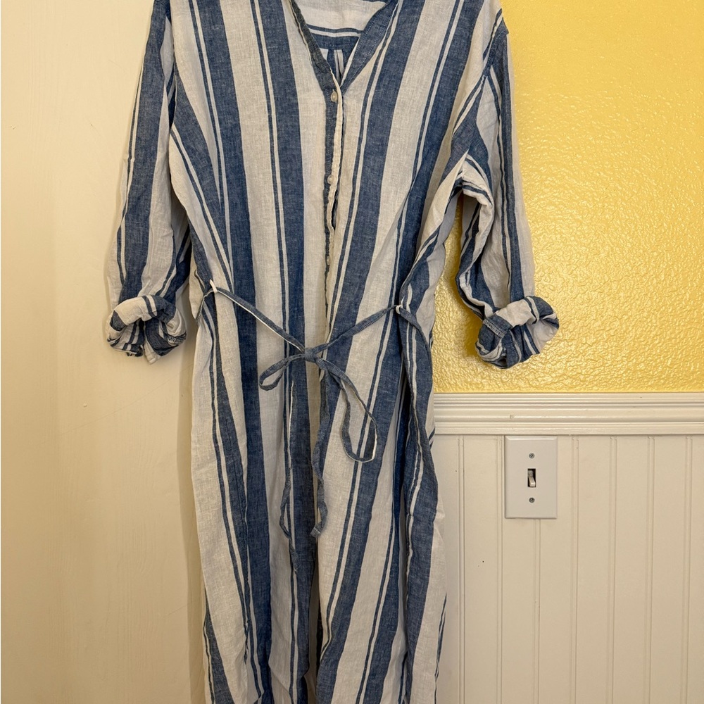 H&M Linen-Blend Blue and White Striped Dress